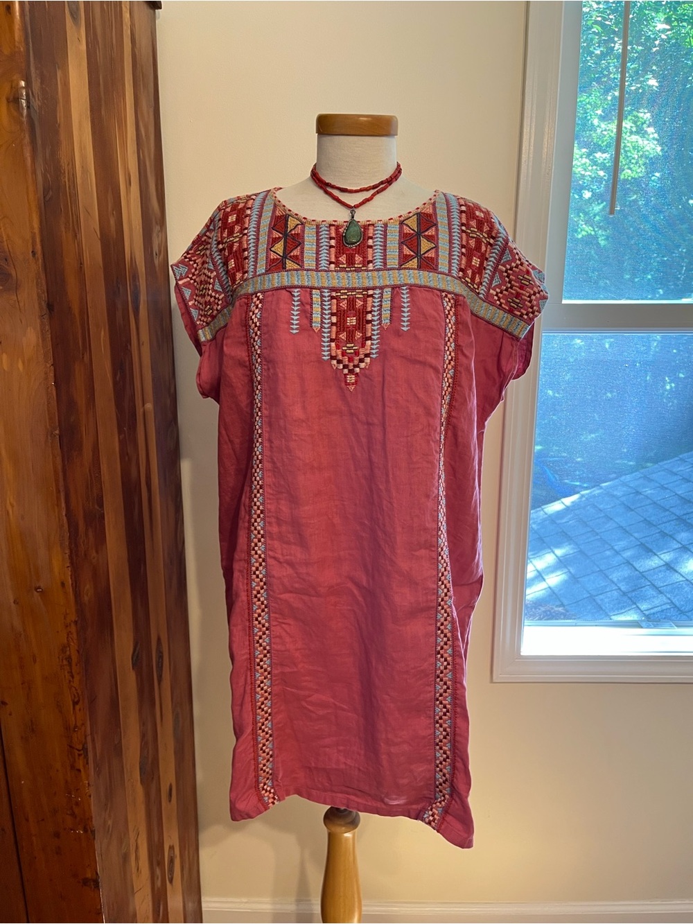 NWT JOHNNY WAS XL Embroidered ROSE LINEN Boho Shift Dress